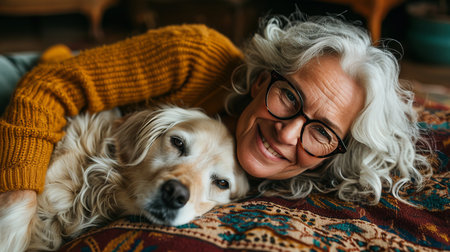 Smiling senior woman lovingly embracing her loyal dog, cherishing joyful moments at homeの素材