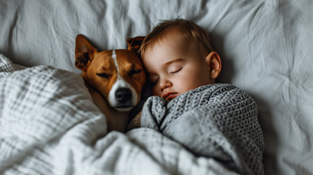 Sweet baby and cute puppy sleeping together on white bed in bright bedroom with light overlayの素材