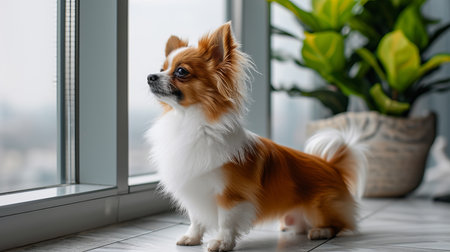 Adorable small dog standing on two legs by window, searching or waiting for ownerIndoor pet.の素材