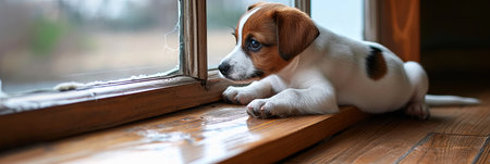 Small dog waiting by window, searching for ownerBright sunny indoor pet with copy space.の素材