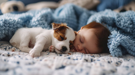 Sweet dreams  adorable baby and puppy sleeping together in a bright bedroom with soft lightingの素材