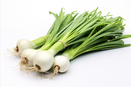 Fresh green leeks on clean white background for captivating ads and packaging designsの素材