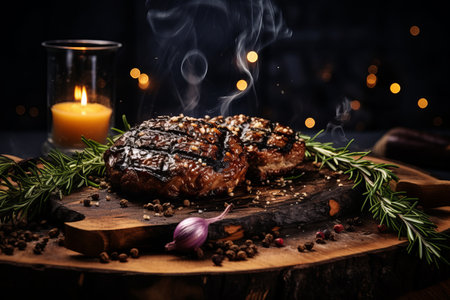 Delicious and juicy grilled meat burger patty on rustic wooden board for savory food loversの素材