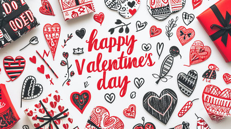 Valentine s day card template with  happy valentine s day  text and hearts on white backgroundの素材
