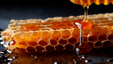 Delicious golden honey and intricate honeycomb on a stylish and contemporary geometric backgroundの素材