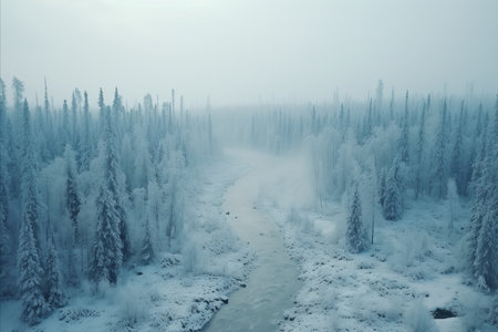 Aerial view of serene norway winter forest with snow covered pine trees, drone captureの素材