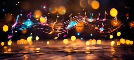 Vibrant multicolored abstract background with neural network generated flying musical notesの素材