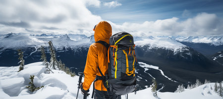 Mountaineer skiing in snowy alpine landscape   winter extreme sport and exploration conceptの素材