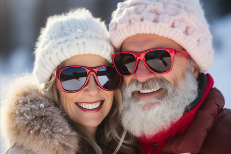 Joyful elderly couple skiing at resort with blurred background   copy space for text placementの素材