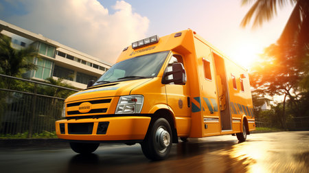 Emergency ambulance with motion blur speeding through urban streets with flashing lights and sirensの素材