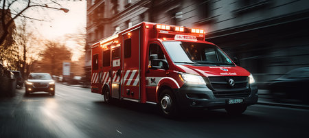 Blurred motion of emergency ambulance with flashing lights rushing through traffic on the roadの素材