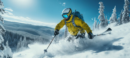 Adventurous skier enjoying a sunny day skiing downhill in the breathtaking high mountainsの素材