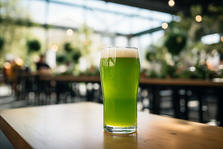Green beer in glass on blurred background, perfect for stpatrick s day with text spaceの素材
