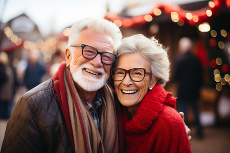 Happy elderly couple skiing at resort with blurred background and text space for creative placementの素材