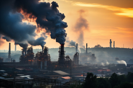 Aerial photography of metallurgical plant at dawn emitting smoke and smog, causing bad ecologyの素材