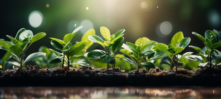 Blurred green leaves bokeh background with text space, showcasing the concept of eco friendlinessの素材