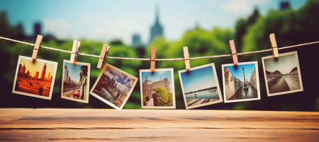 Enchanting travel backdrop with blurred bokeh, cultural landmarks, and cityscape silhouettesの素材