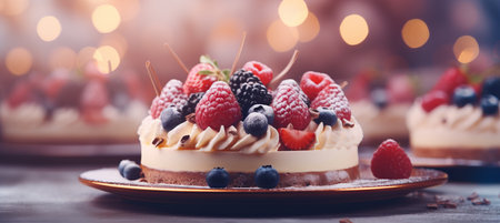 Hazy blurred bokeh with radiant background of gourmet desserts and coffee in elegant patisserieの素材