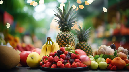 Vibrant farmers  market  softly blurred bokeh background with fresh fruits and colorful beveragesの素材