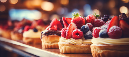 Gourmet desserts   specialty coffee in elegant patisserie with hazy bokeh   radiant backgroundの素材