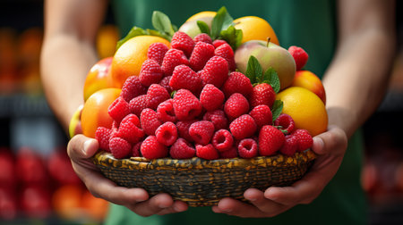 Vibrant farmers  market with fresh fruits and colorful beverages in softly blurred bokeh backgroundの素材