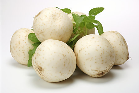 Fresh jicama on white backdrop for attention grabbing visuals in ads and packaging designsの素材