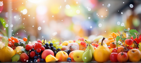 Vibrant farmers market with softly blurred bokeh background, fresh fruits and colorful beveragesの素材