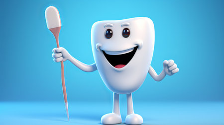 Cheerful cartoon tooth with bright smile, clean teeth, and toothbrush on blue gradientの素材