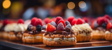 Radiant bokeh background framing gourmet desserts and coffee drinks in elegant patisserieの素材