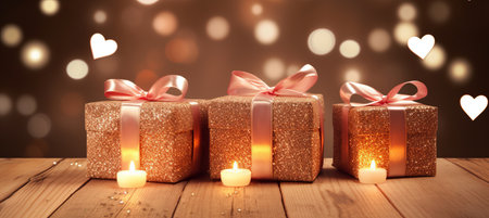 Valentine s day decorations on rustic wooden background with red colors and gift boxes.の素材