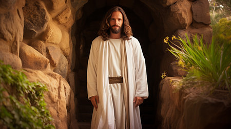 Majestic resurrection  jesus christ, illuminated figure, standing at the entrance to the sacred tombの素材