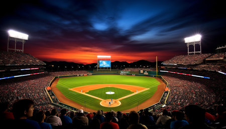 Desolate baseball stadium with an immaculate diamond field illuminated by vibrant spotlightsの素材