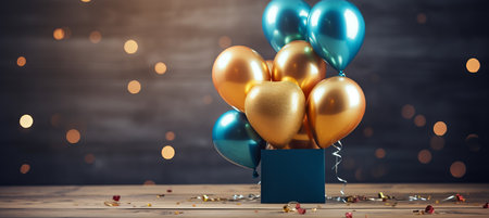 Festive card with golden and blue metallic balloons and confetti, perfect for celebrations.の素材