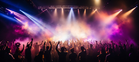 Dynamic and energetic concert stage with vibrant bokeh lights and blurred crowd in the backgroundの素材