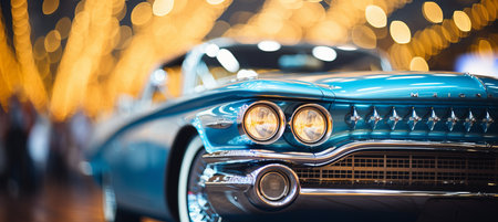 Vibrant car showroom with blurred bokeh effect, classic icons, and vintage car imageryの素材