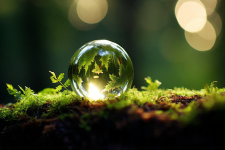 Earth Day. Eco-Friendly Green Globe Amidst Serene Mossy Forest with Defocused Abstract Sunlightの素材