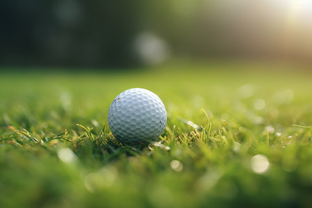 Close-up Golf Ball with Blurry Green Background - Ideal for Sports and Golf Photographyの素材