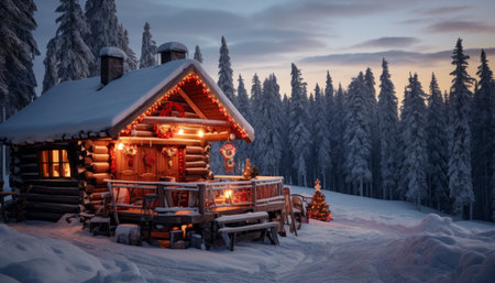 Cozy winter wonderland a charming cottage with festive christmas decorations and snowy surroundingsの素材