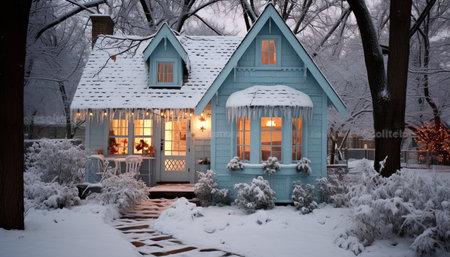 Snowy cottage adorned with festive christmas decorations and lights on cozy front porchの素材