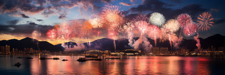 Vibrant chinese new year fireworks illuminating the night sky with stunning colors and patterns.の素材