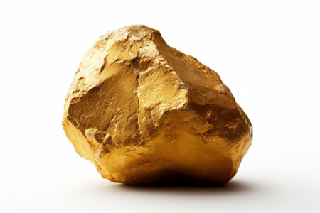 High resolution close up of a gleaming gold nugget, isolated on a pristine white backgroundの素材