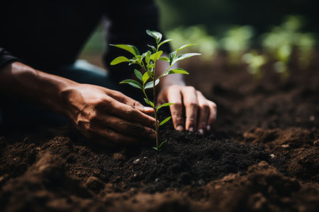 Enthusiastic gardener planting tree, actively gardening, and carefully watering plants for vitality.の素材