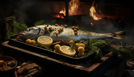 Exquisite and flavorful roasted fish searing in a pan, enticing and ready to be savoredの素材