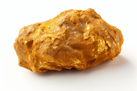 Highly valuable and meticulously detailed gold nugget isolated on a clean and pure white backgroundの素材