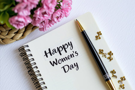 Minimalistic women s day grating card design with  happy women s day  text on white backdropの素材