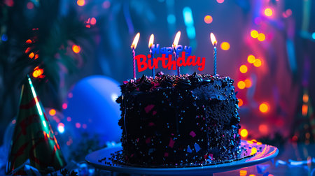 Magical birthday cake with bokeh, sparkles, happy birthday text on grating card, magical backgroundの素材