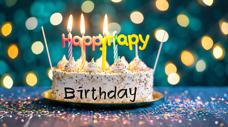 Magical birthday cake on grating card with bokeh, sparkles   heartfelt happy birthday messageの素材