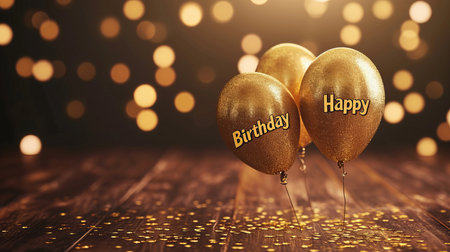 Golden balloons birthday card with magical bokeh background and sparkles,  happy birthday  textの素材