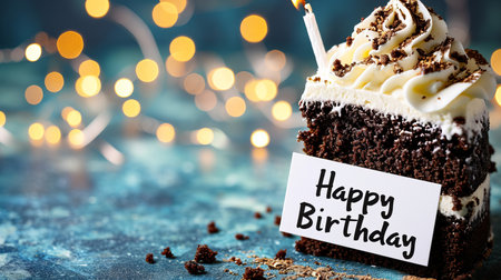 Magical bokeh background with birthday cake on grating card  happy birthday celebrationの素材