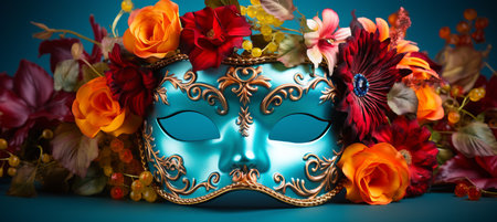 Colorful venetian carnival mask on bright solid color background with copy space for text placementの素材